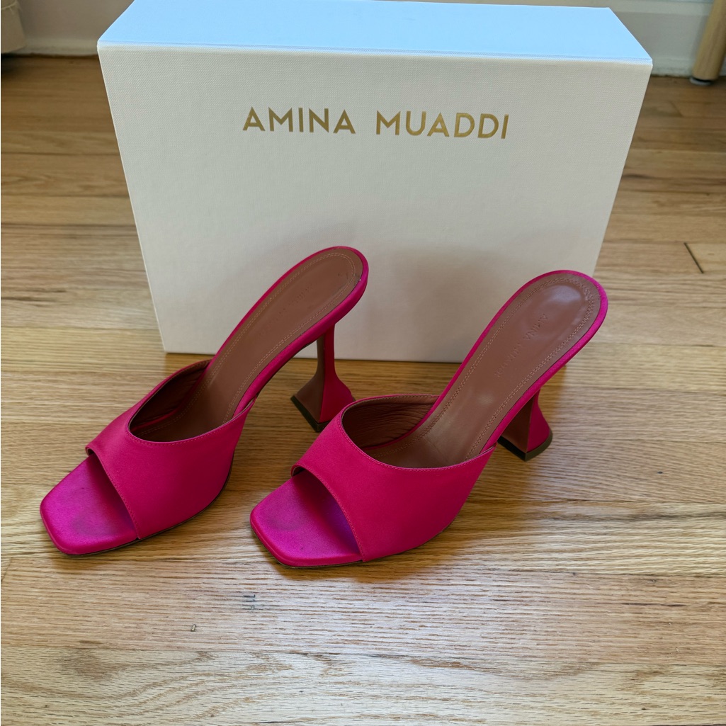 Amina Muaddi Lupita Satin Raspberry Open-Toe Heels 40.5
